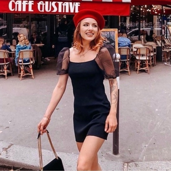 ZARA Black Sheer Puff Sleeve Bodycon Mini Dress Small Blogger Favorite - Picture 7 of 14